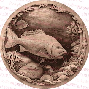 May include: A carved wooden round plaque featuring a detailed depiction of a fish swimming in a watery scene. The fish is surrounded by seaweed and coral, and the background is a swirling pattern of water.