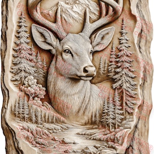 May include: A detailed relief carving of a deer with large antlers, set against a backdrop of a mountain and forest scene. The artwork is in shades of brown and beige, with intricate details of the deer's fur and the surrounding landscape.