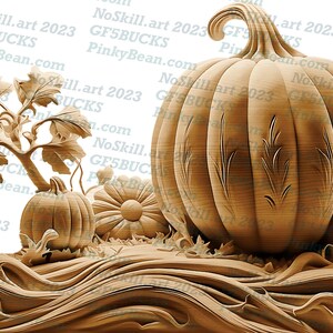 May include: A carved wooden pumpkin with leaves and vines. The pumpkin is brown and has a detailed design. The background is white.