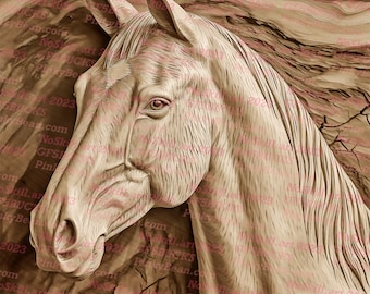 May include: A detailed, sepia-toned relief carving of a horse's head. The sculpture showcases the horse's profile, with flowing mane and detailed facial features. The artwork is set against a textured background, highlighting the horse's form.