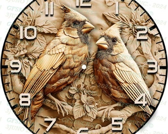 3D Illusion Cardinals Clock Laser PNG Digital File for Engraving - Instant Download