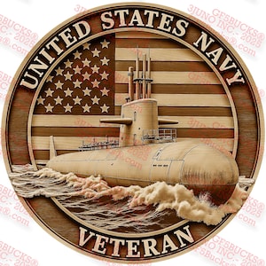 Medallón de Submarino de la Marina con Ilusión 3D PNG – Tributo Militar – Grabado Láser – ~14x14 – GF5Bucks®