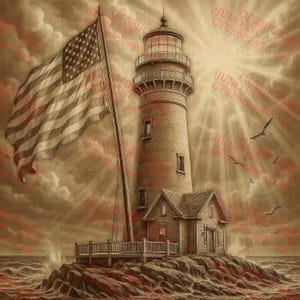 May include: Sepia-toned artwork of a lighthouse with an American flag waving in the wind. The lighthouse is on a rocky island, with a small house attached. Seagulls fly in the sky, and the sun shines through the clouds.