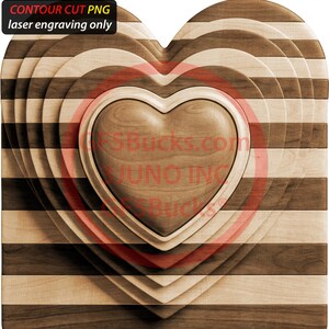 May include: Heart-shaped wooden cutting board with a layered design. The board features alternating stripes of light and dark wood, with a central heart shape. The text "CONTOUR CUT PNG laser engraving only" is in the upper left corner.