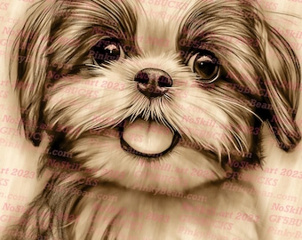 May include: A sepia-toned drawing of a small, white dog with brown fur. The dog has large, dark eyes and a sweet expression. The drawing is done in a realistic style and captures the dog's personality.