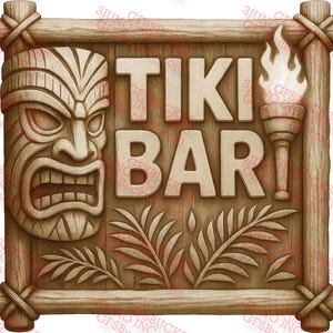 Könnte beinhalten: Ein Tiki-Bar-Schild aus Holz mit einem geschnitzten Tiki-Kopf, einer Fackel und dem Text "TIKI BAR!" in braunen Buchstaben.