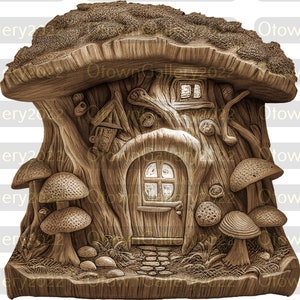 May include: A whimsical wooden fairy house with a mushroom roof, a door with a window, and a small window above the door. The house is decorated with mushrooms and other natural elements.