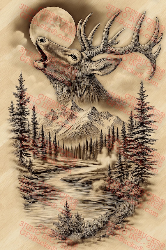 3D Illusion Elk and Moon PNG – Mountain Wildlife River Scene – Laser Engraving Design – 9.3x14 – GF5Bucks®