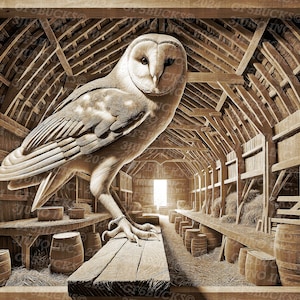 May include: A barn owl perched on a wooden beam in a rustic barn. The owl has white feathers and black eyes. The barn is made of wood and has a hayloft. The owl is looking to the right.