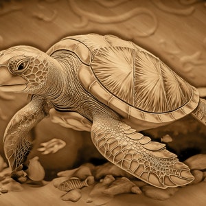 May include: A detailed carving of a sea turtle with a brown, textured shell. The turtle is swimming through the water, with its head and flippers visible. The carving is made of wood and has a realistic appearance.