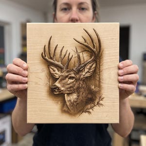 May include: A rectangular light-colored wooden plaque featuring a detailed laser-engraved illustration of a deer head with large antlers. The artwork includes subtle background depictions of forest trees and pine branches, rendered in dark brown tones.