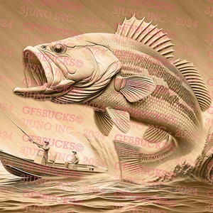 Bass Fishing 3D-illusie digitaal bestand - klaar voor lasergravure (directe download, png)