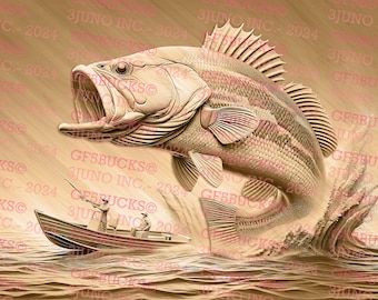 Bass Fishing 3D Illusion Digital File - Laser Engraving Ready (Instant Download, PNG)