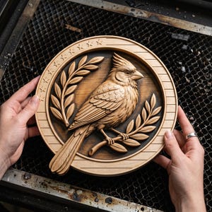 May include: A detailed wooden relief carving of a cardinal bird perched on a branch, surrounded by laurel leaves and a circular border with star accents. The artwork is held by hands, showcasing the natural wood grain and intricate details.