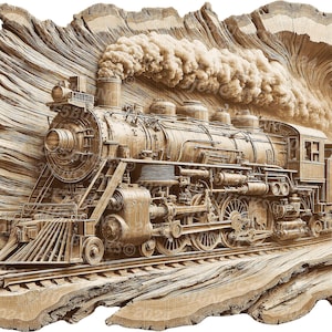 May include: A detailed wood carving of a steam locomotive train engine with smoke billowing from the chimney, set against a wood grain background.
