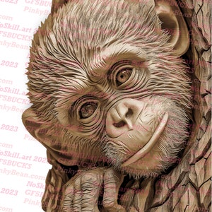 May include: A close-up of a carved wooden monkey sculpture. The monkey is looking directly at the viewer with a slight smile. The sculpture is detailed and realistic, with visible fur and wrinkles on the monkey's face.