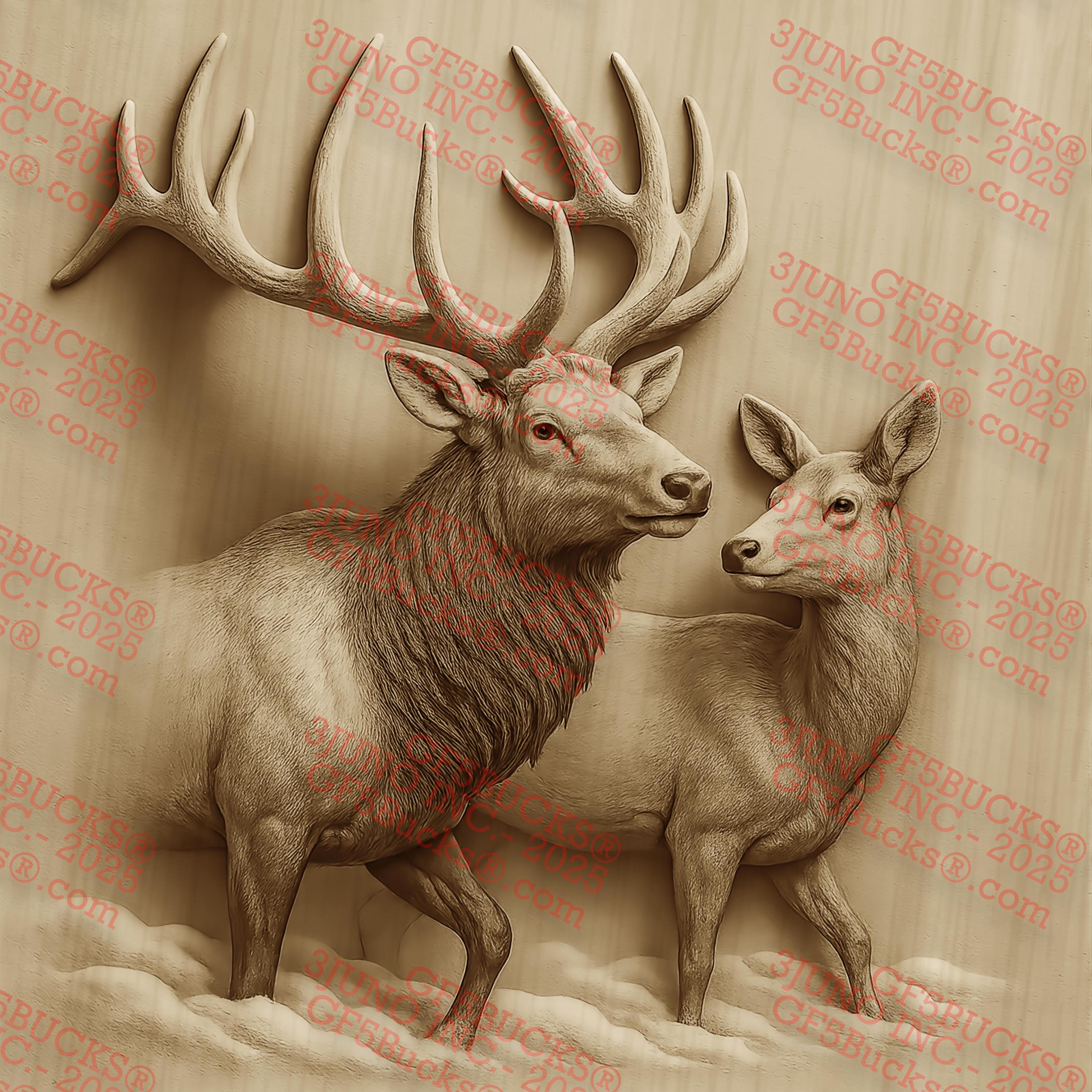 3D Illusion Elk Pair PNG – Bull and Cow Elk Walking in Snow for