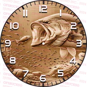 3D-illusie | Digitaal png-bestand laser | Voor gravure | Gereed voor laser | Direct downloaden | Klok | Largemouth Bass | Smallmouth | Lunker | Vis: