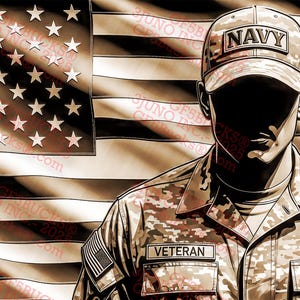 Veterano de la Marina con ilusión 3D PNG – Diseño minimalista de grabado de homenaje militar – Escena de la bandera estadounidense – 14 x 7.7 – GF5Bucks®