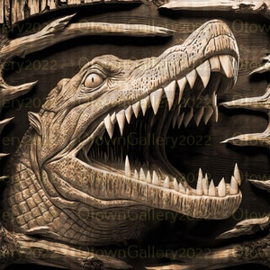 Laser brennen PNG | 3D Illusion | Gravieren | Laser Ready | Digitale Designdatei | Alligator | Alligator | Geschnitzt | Holz