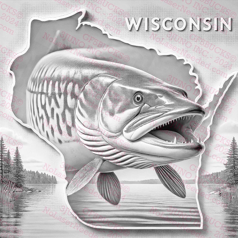 May include: A black and white illustration of a muskie fish jumping out of the water. The fish is in the shape of the state of Wisconsin. The text "WISCONSIN" is above the fish.