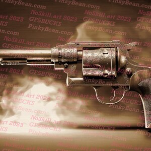 May include: A vintage-style revolver with a silver finish and a wooden handle. The gun is surrounded by smoke and a brown background with text.