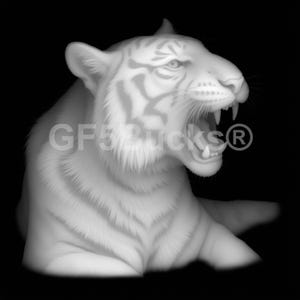 Peut inclure: Illustration en niveaux de gris d'un tigre rugissant, montrant ses dents. Le pelage du tigre est orné de rayures, et l'image contient le texte "GF5BUCKS®". Le fond est noir, mettant en valeur le tigre.