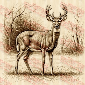 3D-illusie hert, png – witstaartbok in open plek in bos voor lasergravure – scène met wilde dieren – 14 x 14 inch – GF5Bucks®