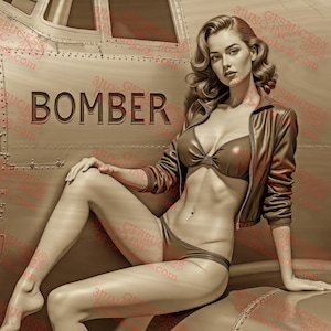 Chica bombardera con ilusión 3D PNG – Arte de nariz vintage estilo pin-up para grabado láser – 14x14 – GF5Bucks®
