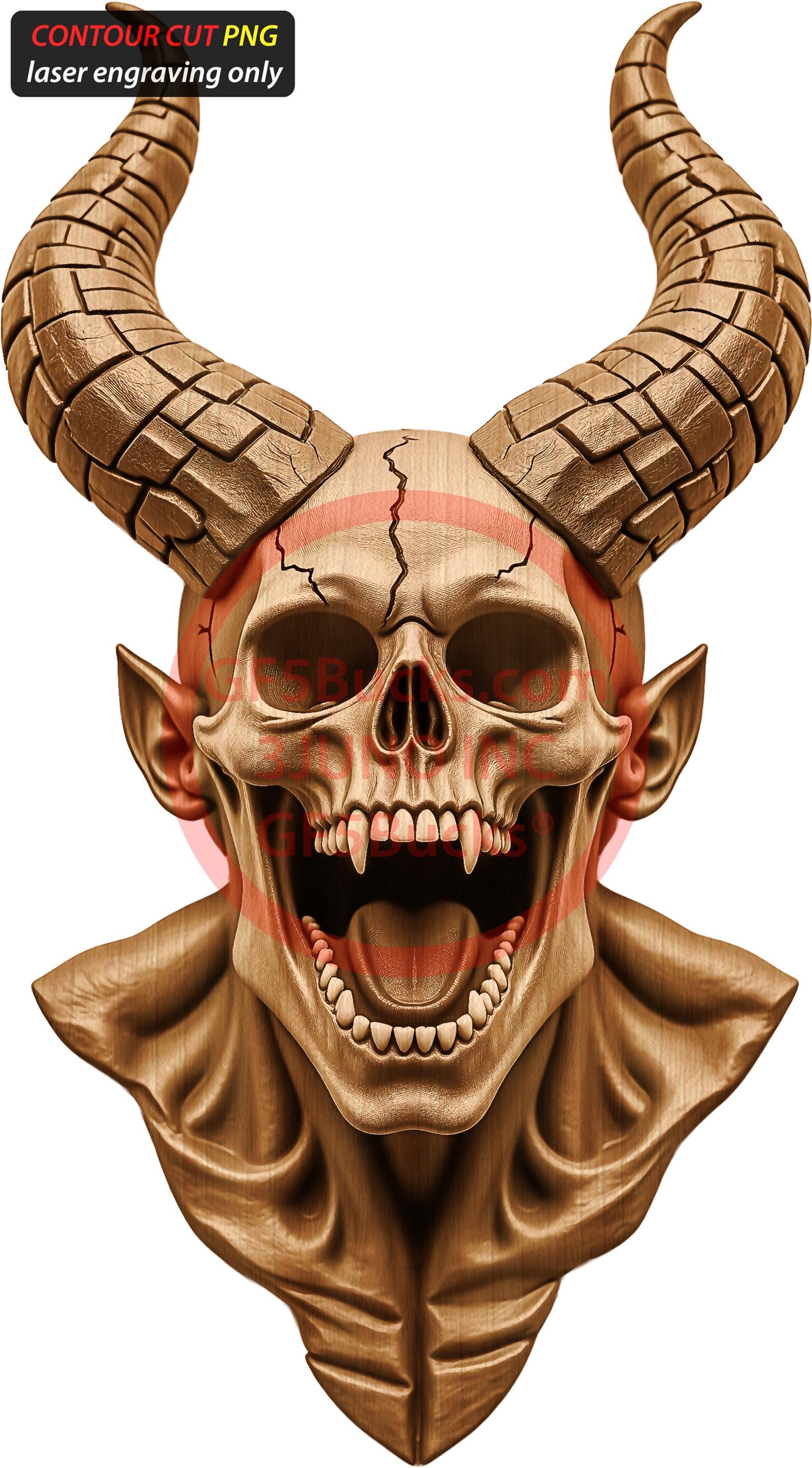 3D Illusion Vampire Skull PNG – Horned Demon Bust for Laser