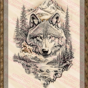 3D-illusie wolfkunst in boslandschap | Digitale muurdecoratie wilde dieren | Laserbestand | 10,5 x 14 inch