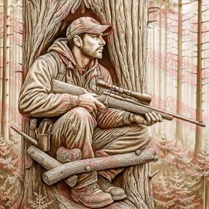 3D-Illusionsjäger PNG für die Lasergravur - Hirschstandszene mit Gewehr und Wald im Hintergrund - 14 x 14 Zoll - GF5Bucks®