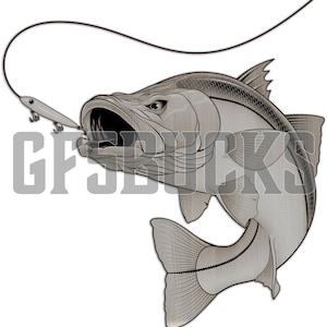 Pode incluir: Ilustração detalhada de um peixe cinza e branco prestes a morder uma isca. O texto "GFSBUCKS" está sobreposto na imagem.