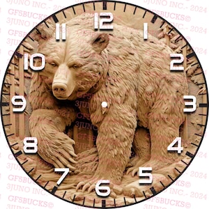 May include: A brown bear sculpture is the centerpiece of this clock face. The bear is standing on a textured surface with a wood grain pattern. The clock face has black Roman numeral hour markers and white Arabic numeral minute markers. The clock face is surrounded by a black frame.