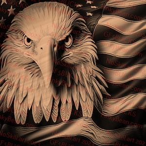 May include: A close-up of a bald eagle's head with a detailed, textured design. The eagle's head is positioned in front of a waving American flag with red, white, and blue stripes.