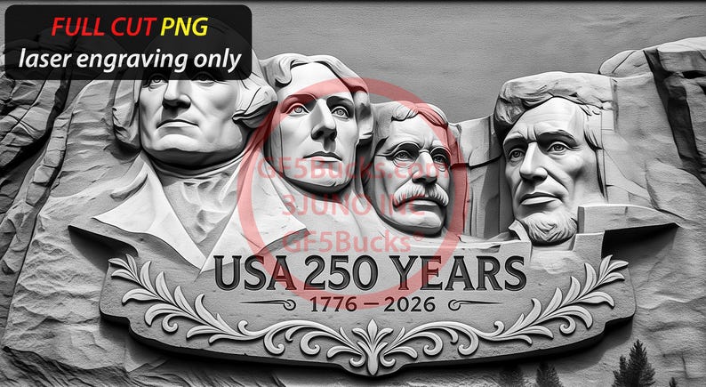 May include: Black and white laser engraving of Mount Rushmore with the text "USA 250 YEARS 1776-2026". The image also includes the text "FULL CUT PNG laser engraving only".