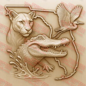 3D-Illusion Florida Wildtiere PNG für Lasergravur - Alligator, Panther und Reiher im Umriss des Bundesstaates - 14 x 14 Zoll - GF5Bucks®