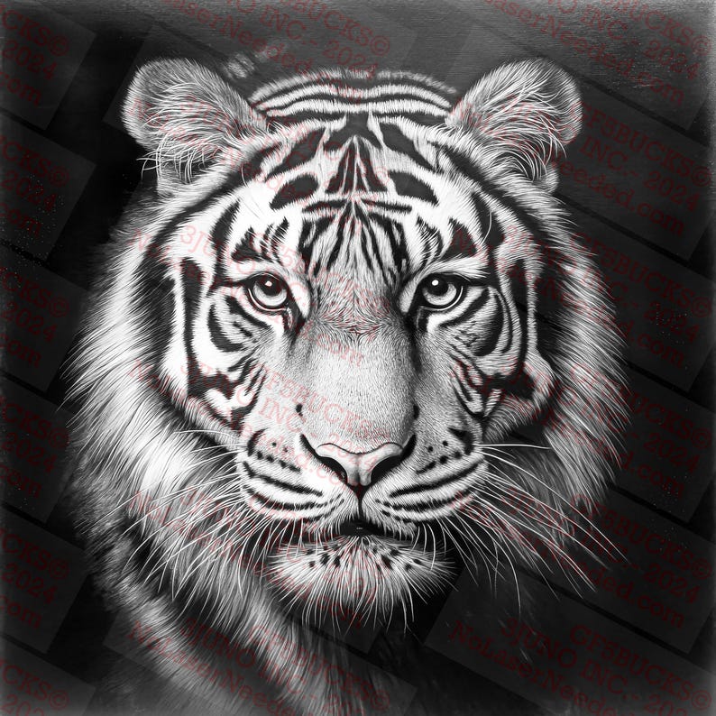 May include: A close-up black and white drawing of a white tiger's face. The tiger has black stripes and a serious expression.