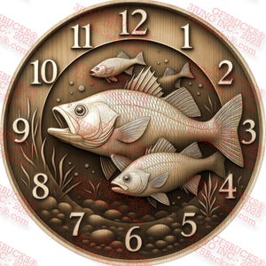 May include: A round clock face with a fishing theme. The clock features a detailed illustration of several fish swimming in water, with the numbers 1 through 12 around the edge. The clock has a brown and beige color scheme.
