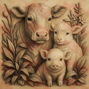 Amici animali da fattoria con illusione 3D PNG – Design mucca, maiale e agnello – Incisione laser artistica – 14x14 – GF5Bucks®
