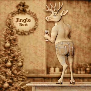 3D Illusion Art - Jingle Butt® Hirsch mit Weinglas Lustiger Feiertagsdekor | Gravur | Laser bereit PNG | Digitale Designdatei | 14x14
