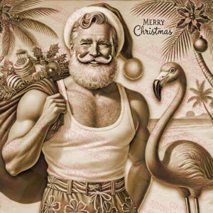 Arte digital de Santa tropical de ilusão 3D | Decoração de parede de Natal costeira | Santa de praia com flamingo PNG | 14x14