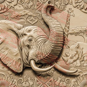File di progettazione digitale PNG con incisione laser illusione 3D di elefante africano rustico (14 x 8 pollici) – GF5Bucks® Wildlife Engraved Art