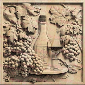 PNG grabado con láser / Ilusión 3D / Grabado / Listo para láser / Archivo de diseño digital / Botella de vino / Letrero de vino / Uvas de vino