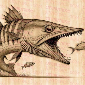 Könnte beinhalten: Eine detaillierte Linienzeichnung eines Barracudas mit offenem Maul, der im Begriff ist, einen kleineren Fisch zu verschlingen. Der Barracuda ist in einer springenden Pose dargestellt, mit ausgebreiteten Flossen. Der Hintergrund ist eine helle Holzmaserung.