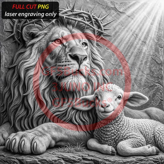 3D Illusion Laser Engraving PNG Art for Lion Lamb Thorns Portrait