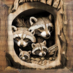 Laser Burn PNG | 3D Illusion | Engrave | Laser Ready | Digital Design File | Raccoon Family | Carved | Wood