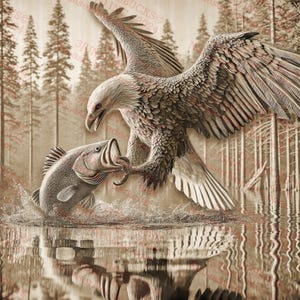 Arte de ilusão 3D com águia e peixe, decoração de parede com vida selvagem, cena da natureza com águia americana | Download instantâneo | 14x14