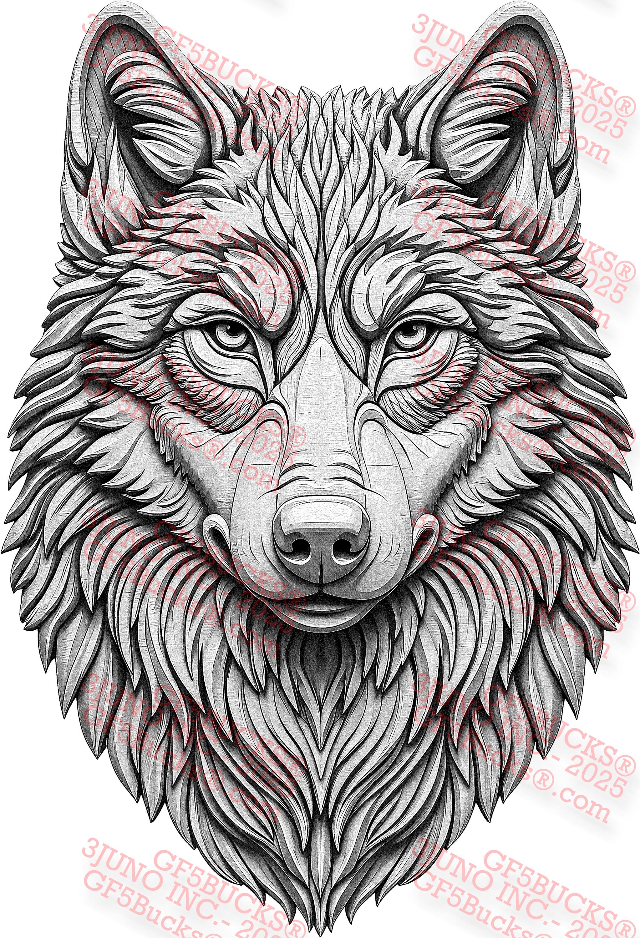 3DイリュージョンウルフヘッドPNG – 野生動物彫刻デザイン – 9.54x13