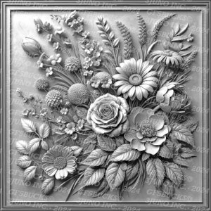 May include: A black and white image of a carved bouquet of flowers. The bouquet includes roses, daisies, and other flowers. The flowers are arranged in a vase and are surrounded by leaves.